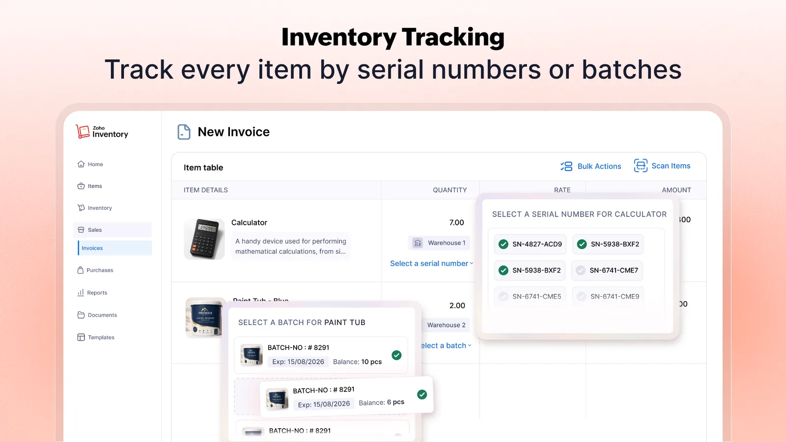 Zoho Inventory: tracking items by serial number or batch on a new invoice