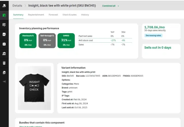 Inventory Planner by Sage variant insight: planning performance and sell-out date