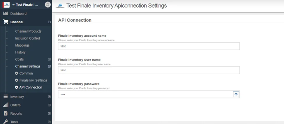 Finale Inventory API connection settings