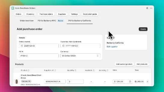 Auto Purchase Orders app: add purchase order form