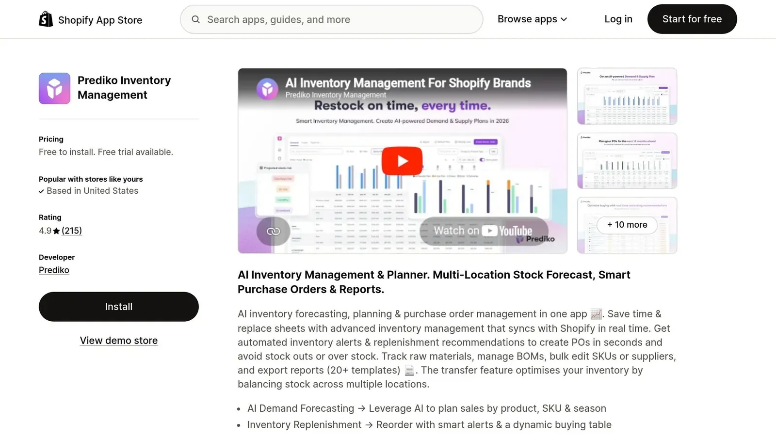 Prediko AI Inventory Management listing on the Shopify App Store