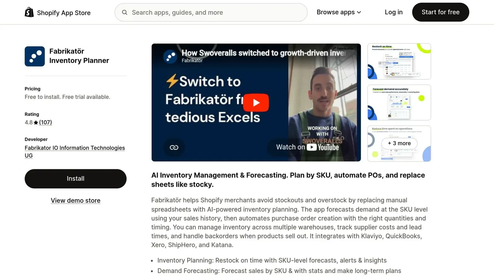 Fabrikatör Inventory Planner listing on the Shopify App Store