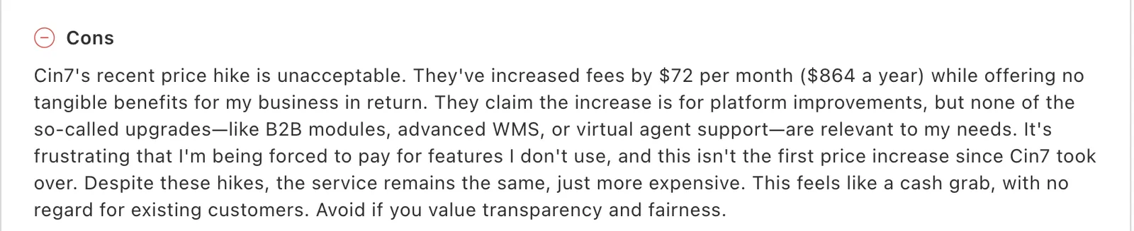 Capterra review of Cin7 Core citing a $72 per month price increase with no added features