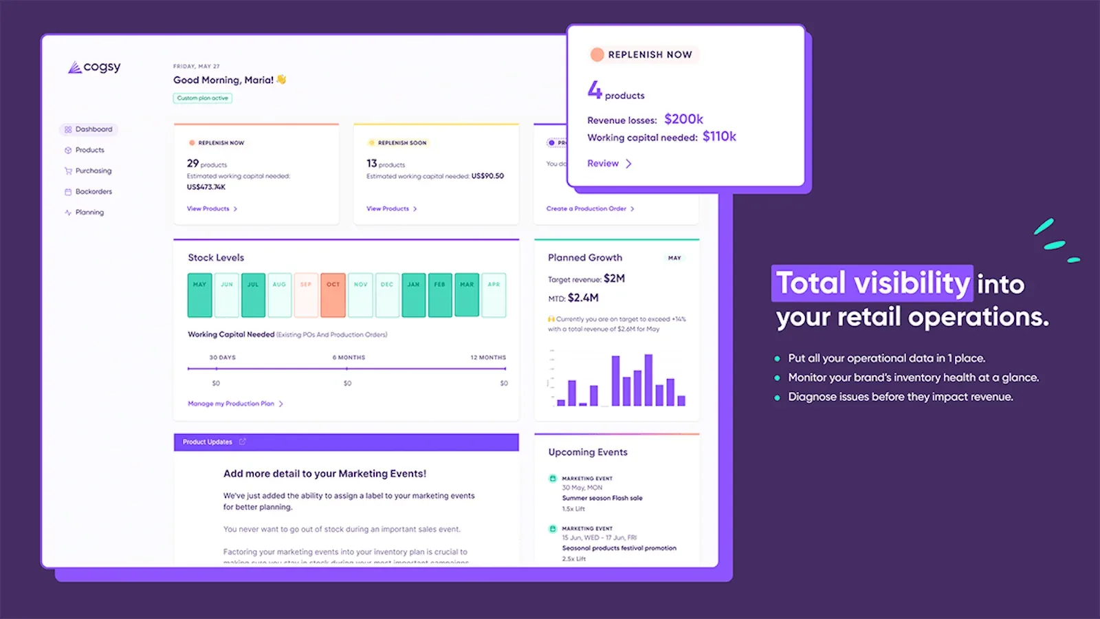 Cogsy dashboard showing replenish-now products, stock levels, and planned growth