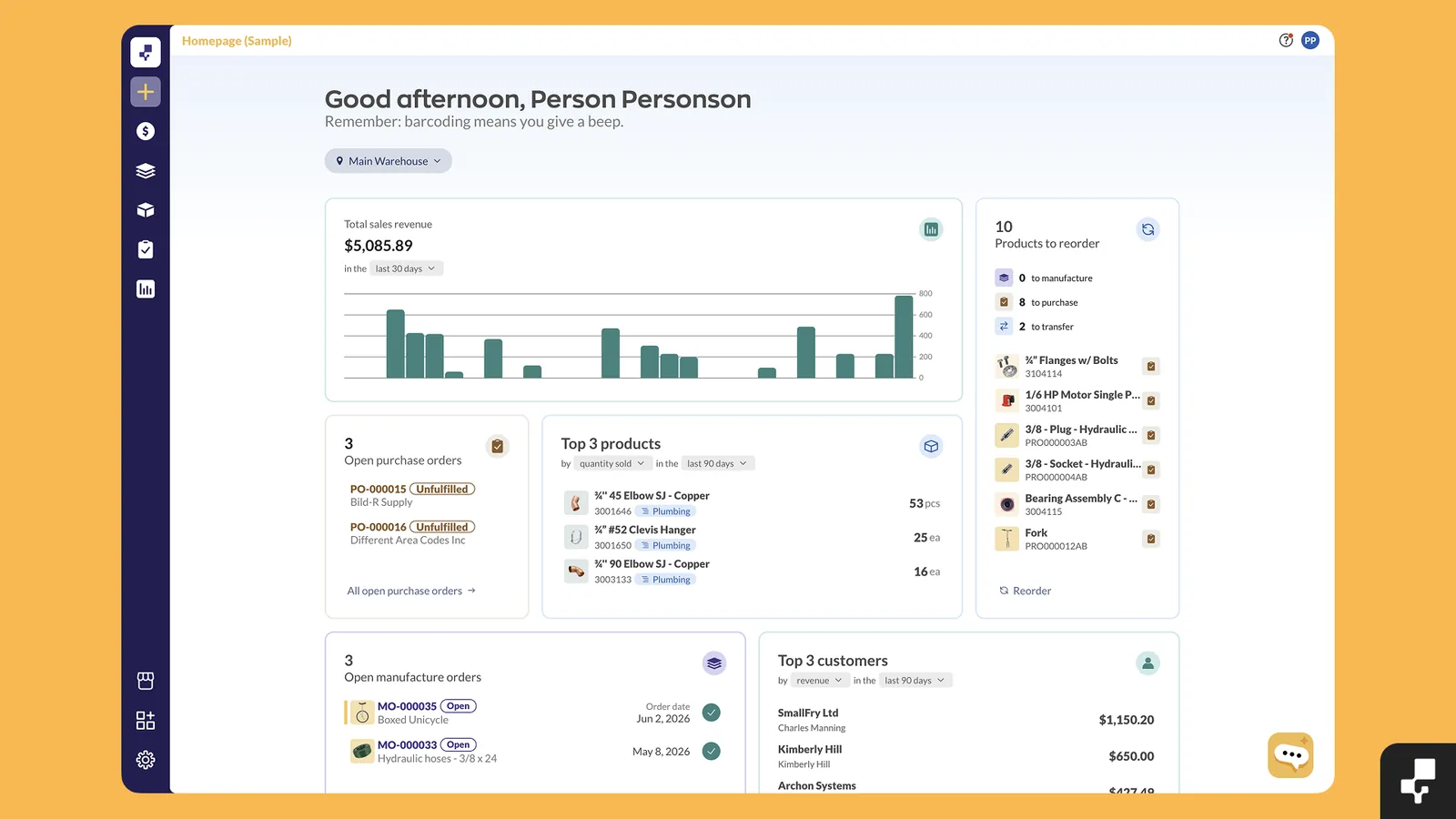 inFlow Inventory dashboard with sales revenue, products to reorder, and open purchase orders