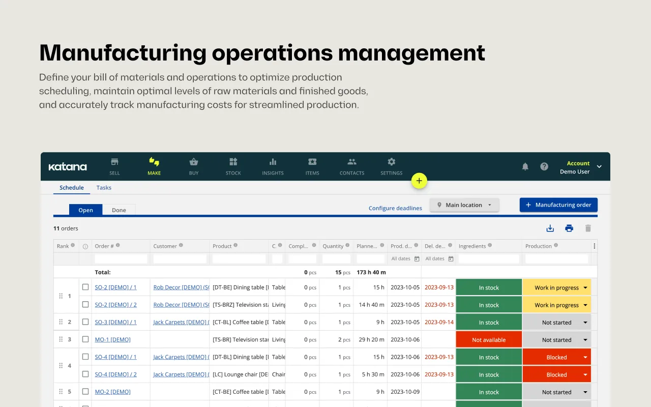 Katana Cloud Inventory: manufacturing operations management with a production schedule