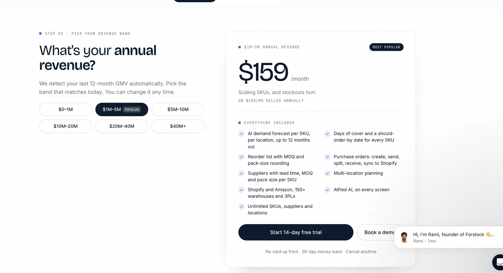 Forstock pricing: one plan, priced by annual Shopify revenue