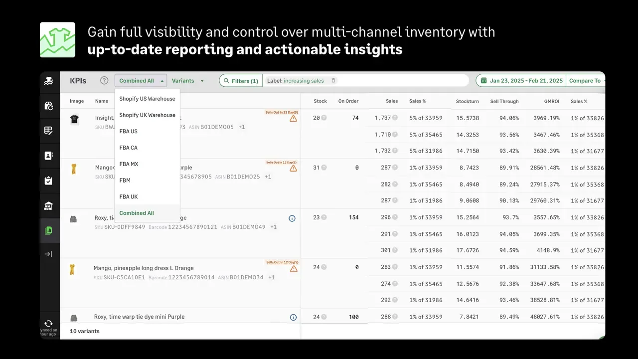 Inventory Planner by Sage multi-channel reporting table