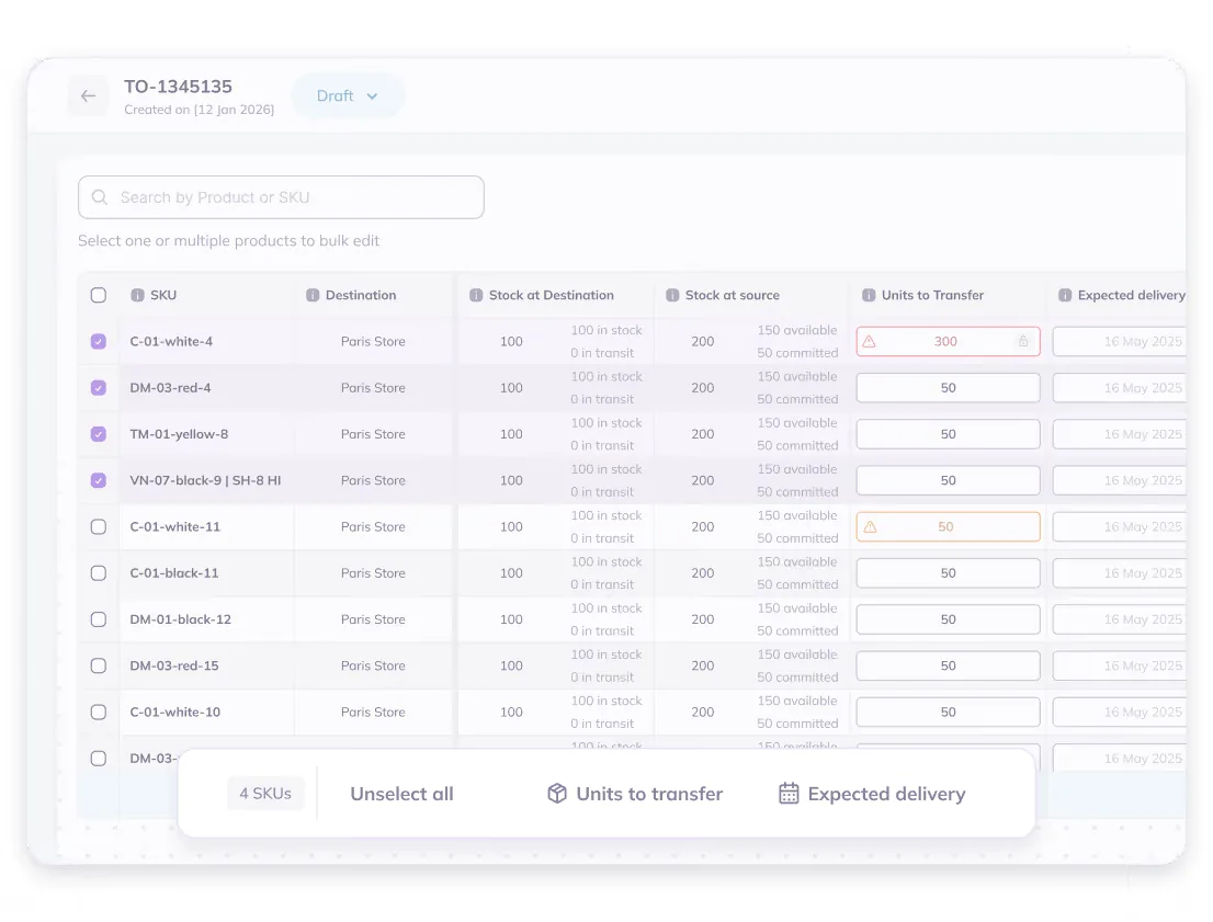 Prediko transfer order screen with stock at destination and units to transfer