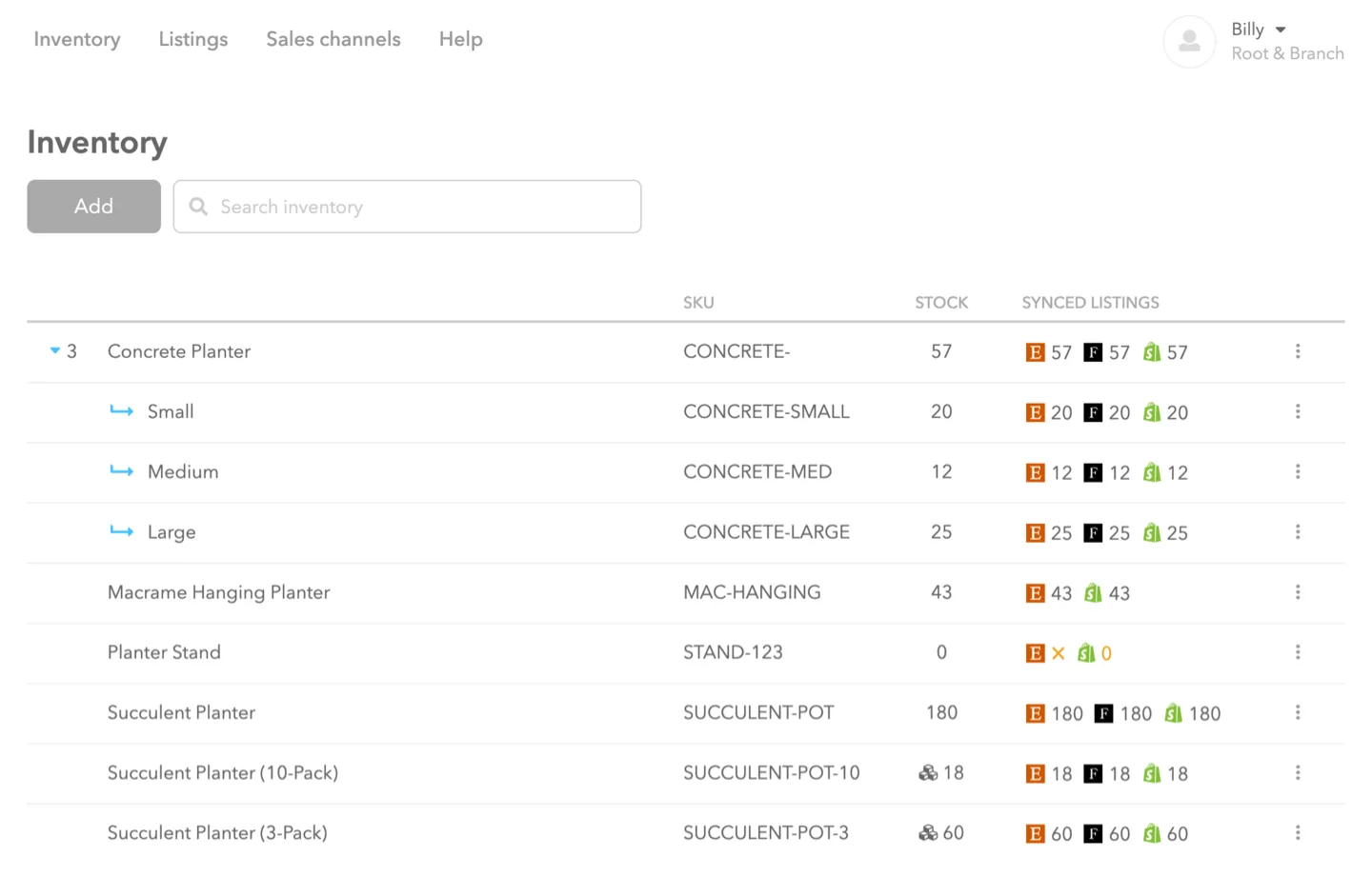 Trunk inventory list with SKU, stock and synced listings per channel